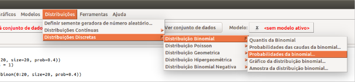 Acessando o menu do R Commander que nos permite trabalhar com a distribuição binomial.