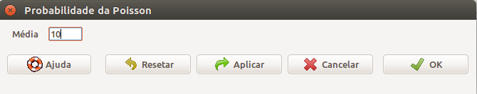 Diálogo do R Commander, onde especificamos o parâmetro da distribuição de Poisson. A seguir, clicamos em OK para obtermos as probabilidades.