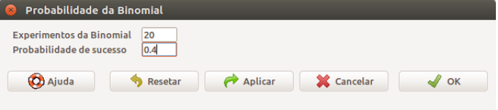 Diálogo do R Commander, onde especificamos os parâmetros da binomial. Depois, clicamos em OK para obtermos as probabilidades.