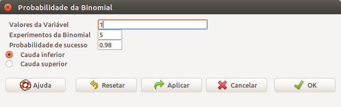 Diálogo do R Commander para obtermos a probabilidade acumulada da B(5, 0,98) para o número de ocorrências igual a 1.