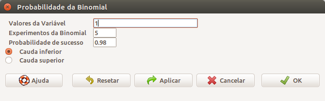 Diálogo do R Commander para obtermos a probabilidade acumulada da B(5, 0,98) para o número de ocorrências igual a 1.