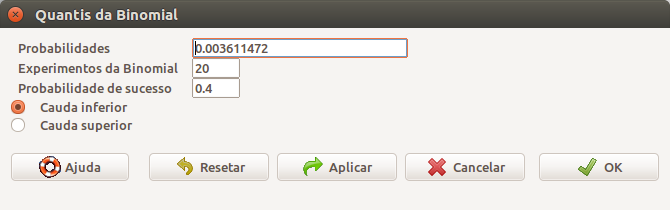 Diálogo do R Commander para obtermos os quantis da distribuição binomial. Ao selecionarmos a opção Cauda inferior, vamos obter o menor número de ocorrências do desfecho cuja probabilidade acumulada seja maior ou igual à probabilidade especificada no campo Probabilidades.