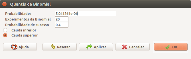 Diálogo do R Commander para obtermos os quantis da distribuição binomial. Ao selecionarmos a opção cauda superior, vamos obter o número mínimo de ocorrências do desfecho onde 1 - probabilidade acumulada seja menor ou igual à probabilidade especificada no campo Probabilidades.