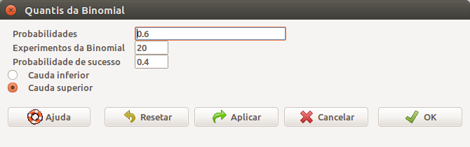 Diálogo do R Commander para obtermos o quantil da B(20, 0,4) para o qual 1 - probabilidade acumulada é igual a 0,6.