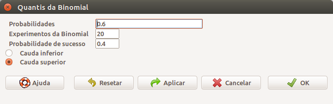 Diálogo do R Commander para obtermos o quantil da B(20, 0,4) para o qual 1 - probabilidade acumulada é igual a 0,6.