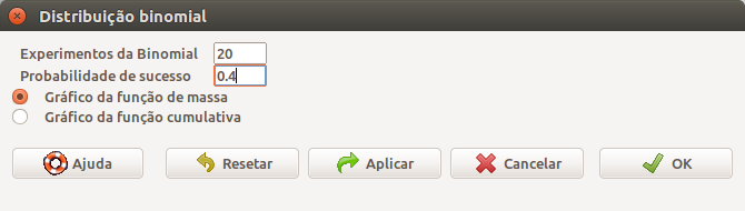 Diálogo do R Commander para obtermos os gráficos de uma distribuição binomial.