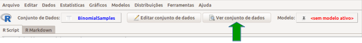 Tela principal do R Commander. Visualizando o conjunto de dados BinomialSamples, obtido a partir da opção Sample from Binomial Distribution do menu da figura 10.1.