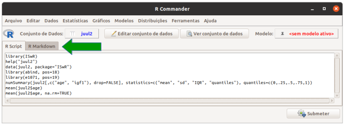 Acessando a aba R Markdown no R Commander.