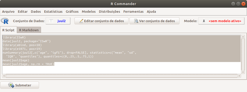 Execução automática e em sequência de um conjunto de comandos selecionados na aba R Script.