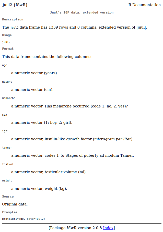Texto com a descrição do conjunto de dados juul2 exibido no navegador padrão.
