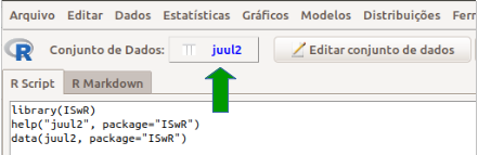 Tela do R Commander após o carregamento do conjunto de dados juul2. Observem a função que foi executada – data(juul2, package=