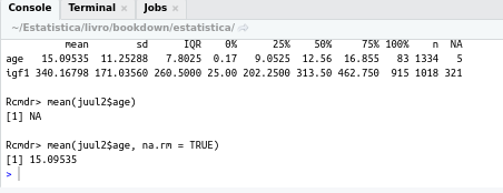 Obtendo a média de idade corretamente por meio da função mean(juul2$age, na.rm=TRUE).