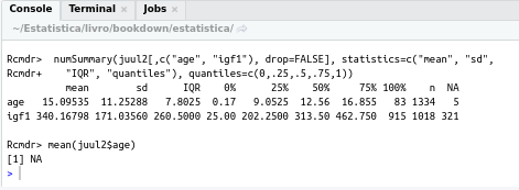 Resultado da função mean(juul2$age) na presença de valores ausentes.