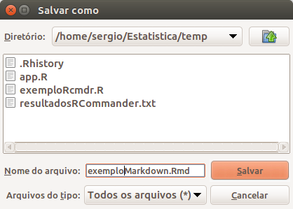 Selecionando a pasta e digitando o nome do arquivo do R Markdown a ser gravado.