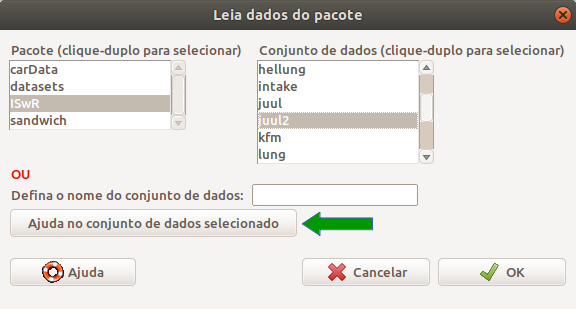 Visualizando a lista de conjuntos de dados do pacote ISwR e selecionando o conjunto juul2.