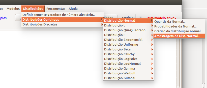 Menu para obter amostras de uma distribuição normal no R Commander.