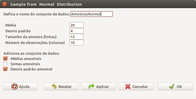 Caixa de diálogo para obter amostras de uma distribuição normal. Nesse exemplo, serão obtidas 15 amostras de tamanho 10 (10 observações em cada amostra) de uma distribuição normal com média 20 e variância 16. As amostras serão armazenadas no conjunto de dados AmostrasNormal, juntamente com a média e o desvio padrão de cada amostra.