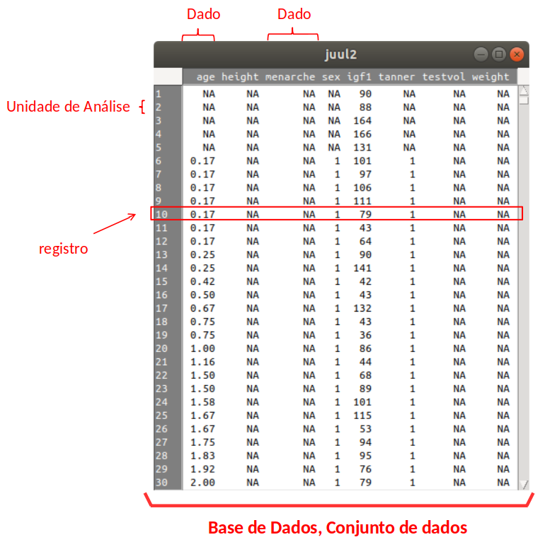 Arquivo de dados em estudos transversais. Fonte: conjunto de dados juul2 do pacote ISwR (GPL-2 | GPL-3).