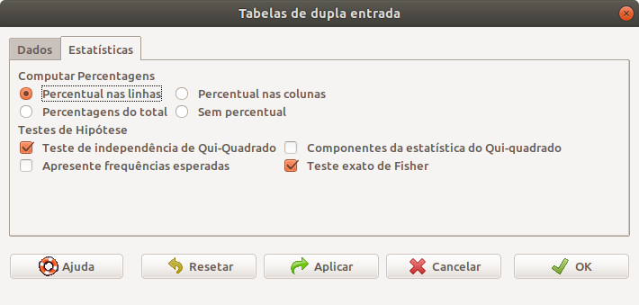 Opções para a análise de uma tabela de contingência 2x2 por meio do R Commander.