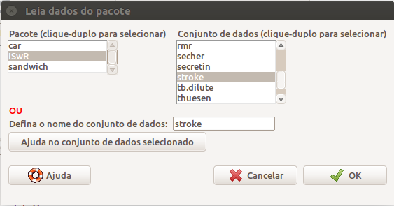 Tela para a leitura do conjunto de dados stroke do pacote ISwR via R Commander.