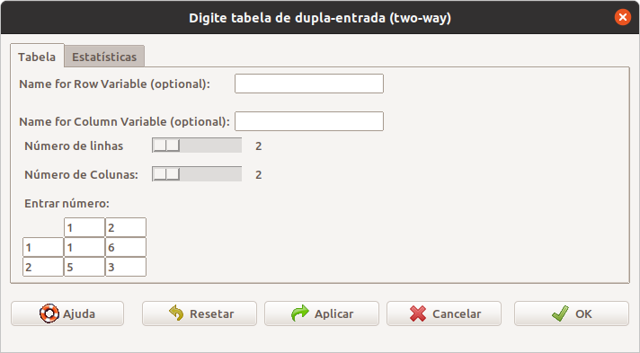 Entrada dos valores na tabela 2x2.