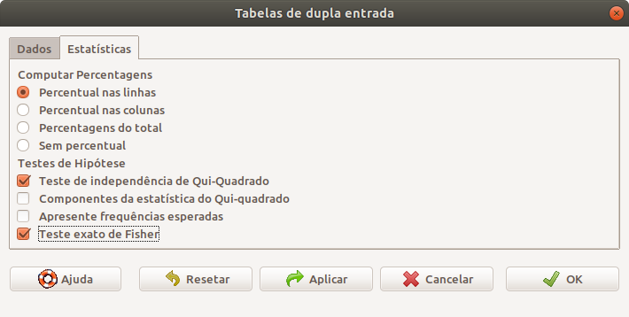 Selecionando os testes que serão realizados, bem como que percentuais serão mostrados a partir do teste qui ao quadrado para uma tabela r x c.