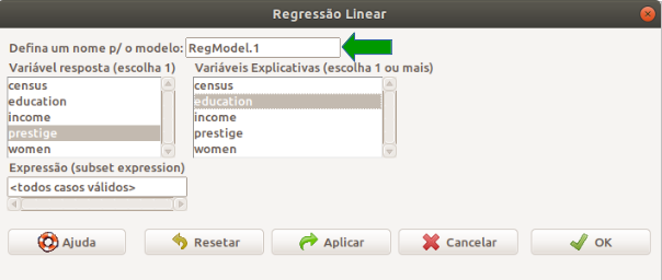 Configuração para a análise de regressão linear de prestige x education no conjunto de dados Prestige.