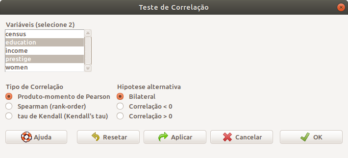 Seleção das duas variáveis que serão correlacionadas, tipo de coeficiente de correlação (Pearson neste exemplo) e se o teste é bilateral ou unilateral.