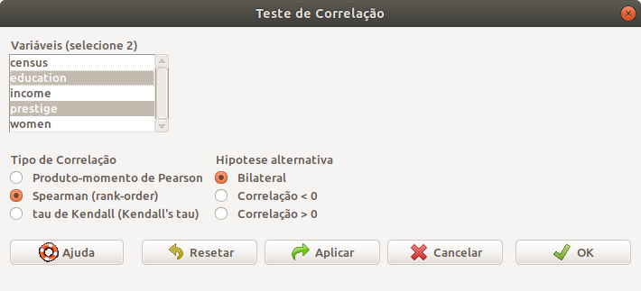 Configuração para o cálculo do coeficiente de correlação de Spearman.