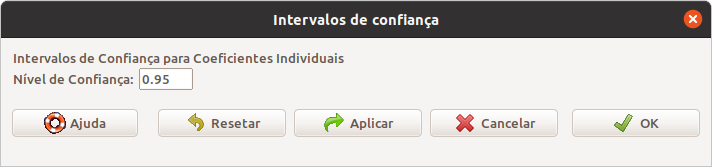 Especificação do nível de confiança dos intervalos de confiança dos coeficientes do modelo de regressão linear.