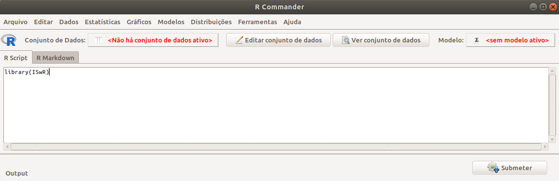 Tela do R commander, com a digitação da função library(ISwR) na área de Script.
