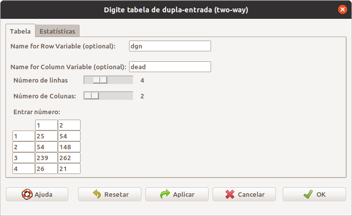 Tela para a digitação das frequências das células que comporão uma tabela de dupla entrada.