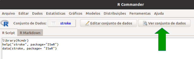 Botão do R Commander (seta verde) para exibir o conteúdo do conjunto de dados ativo.