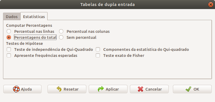 Tela para especificar que a tabela de dupla entrada irá mostrar os percentuais de cada célula em relação ao total da tabela.