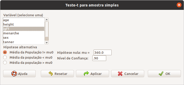 Parâmetros para a realização do teste t para uma amostra: variável, média sob a hipótese nula, nível de confiança \((1 - \alpha)\), e tipo de teste (nesse exemplo, a hipótese alternativa é que a média é diferente de 360 \(\mu g/l\)).