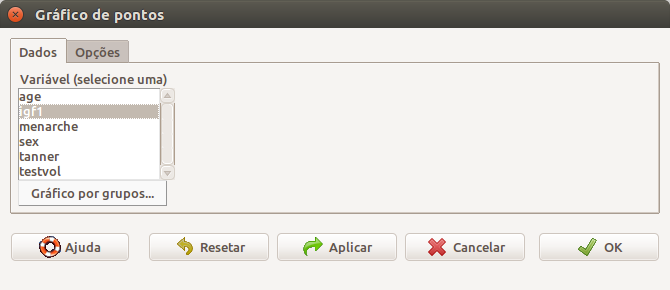 Caixa de diálogo para a criação de um diagrama de pontos. Na aba Dados, selecionamos a variável numérica desejada. Ao clicarmos no botão Gráfico por grupos, podemos selecionar uma variável de agrupamento.