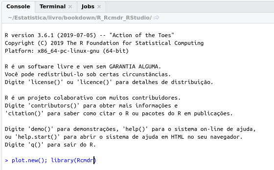 Console do RStudio, após a digitação dos comandos para carregar o pacote Rcmdr.