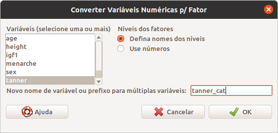 Passos para criar as categorias de uma variável: selecionamos a variável na lista da esquerda, escolhemos se as categorias serão dadas como texto e fornecemos o nome da nova variável. Clicamos em OK.