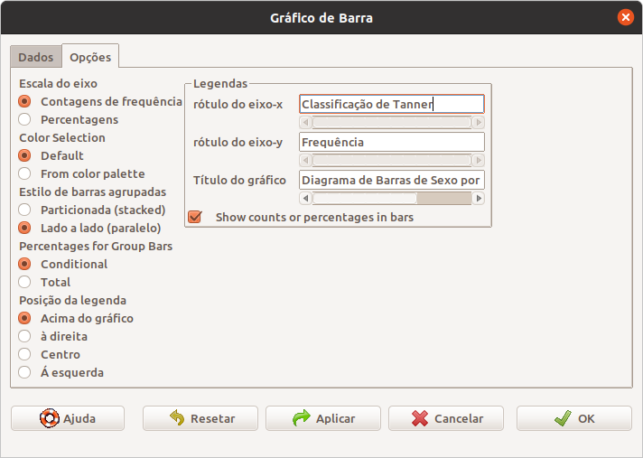 Selecionando a forma como as barras serão apresentadas (lado a lado ou empilhadas). Neste exemplo, foi selecionada a opção lado a lado.