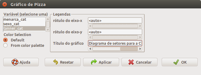 Caixa de diálogo para a geração de um diagrama de setores. Selecionamos a variável e digitamos o título do gráfico (opcional).