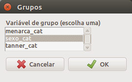 Selecionando uma variável de agrupamento para o diagrama de barras das frequências das categorias da variável sexo_cat para cada categoria da classificação de Tanner.