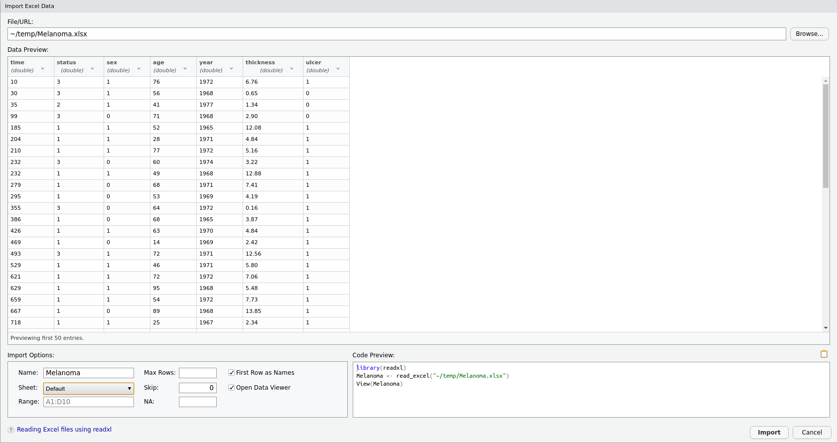 Tela do RStudio com a configuração para importar o arquivo de dados Melanoma.xlsx.