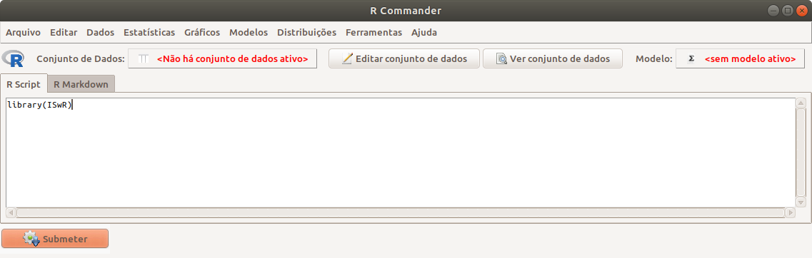 Tela do R commander, com a digitação da função library(ISwR) na área de Script.