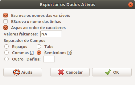 Caixa de diálogo configurar a exportação de um conjunto de dados para um arquivo texto.