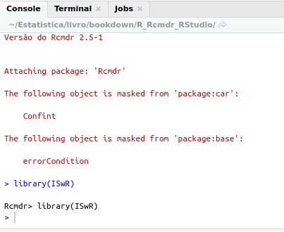 Console do RStudio após a execução da função library(ISwR) conforme mostrado na figura 7.3.