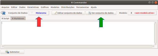 Tela do R Commander após a seleção do conjunto de dados Melanoma. A seta vermelha indica o nome do conjunto de dados. A seta verde mostra o botão para visualizar os dados do data frame Melanoma.