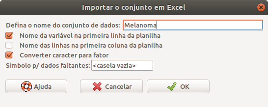 Opções de importação de dados do Excel a partir do R Commander.