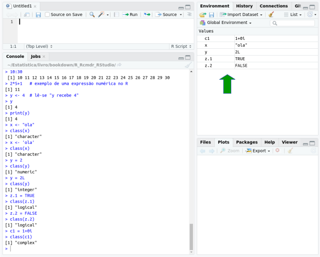 Ambiente de trabalho do R, mostrando os objetos criados na sessão corrente.