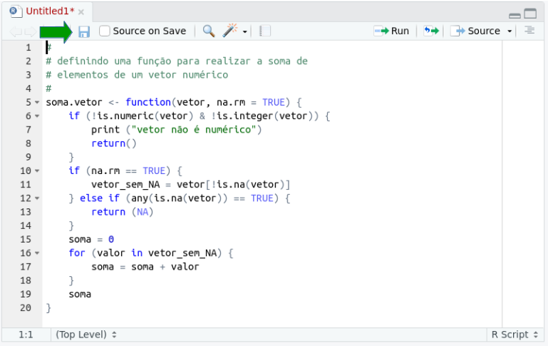 Ícone para salvar o script em um arquivo no RStudio.