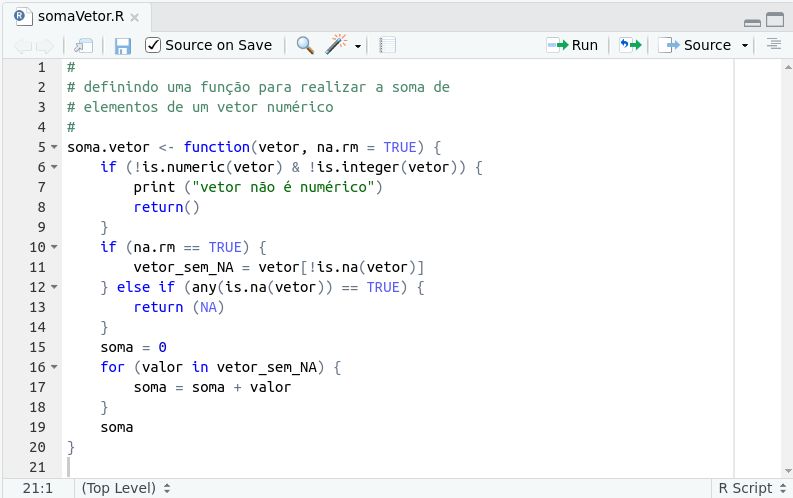 Área de script com a opção de executar o script ao salvar o arquivo.